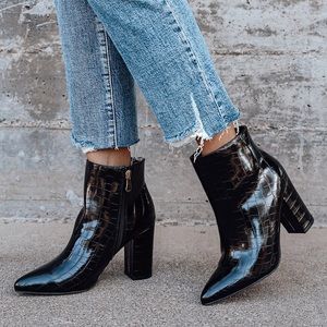 Lulu’s Ottava Black Crocodile-Embossed High Heel Booties